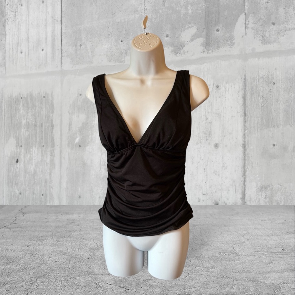 Black sleeveless scoop neck top